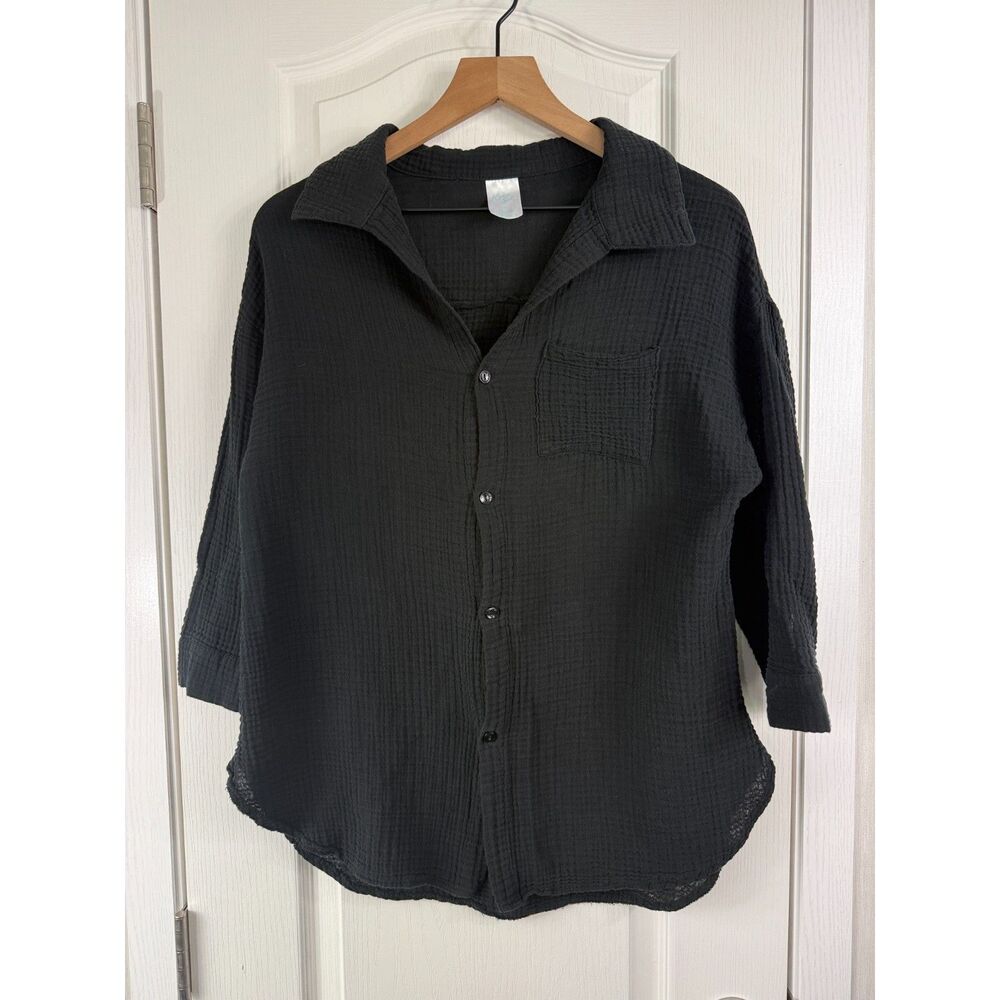 Kona Sol Womens Swim Cover Up Shirt Size S Black Gauze Button Front Cotton
